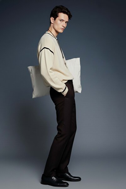 ablukaonline Ανδρικό πουλόβερ με στρογγυλή λαιμόκοψη oversized με λεπτομέρεια αντίθεσης μπεζ