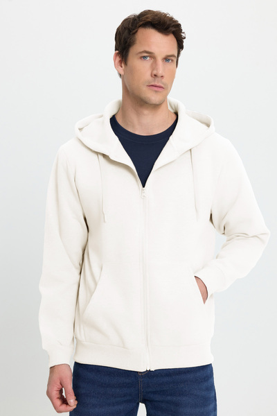 Tudors Unisex Relax Fit Comfortable Cut Cotton Fleece Inside Double Pockets Full Zipper White K Hooded Sweatshirt