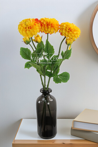 Yapay Çiçek Deposu Yapay Çiçek Lüx Goncalı Zinnia Dalı 60 cm Sarı