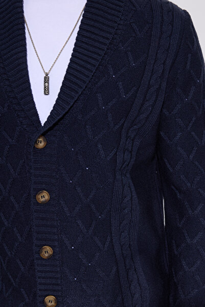 Tudors Slim Fit slim fit patterned soft textured buttoned navy blue men's cardigan