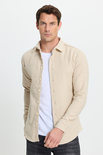 Tudors Men's Slim Fit Slim-Fit Long Sleeve Solid Winter Lumberjack Beige Shirt