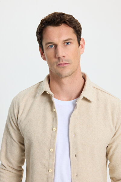 Tudors Men's Slim Fit Slim-Fit Long Sleeve Solid Winter Lumberjack Beige Shirt