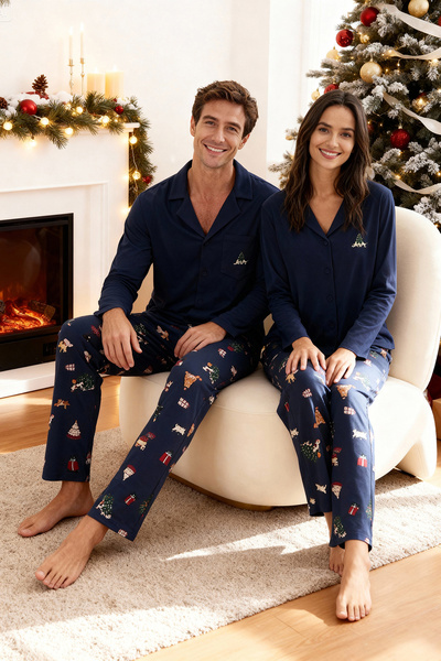 Trendyol Collection Navy Blue Regular Fit New Year's Patterned Couple Knitted Pajama Set