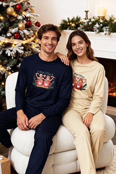 Trendyol Collection Чоловічий синій принтований трикотажний комплект піжами для пари TMNAW25PT00046