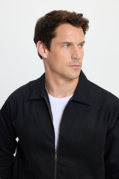 Tudors Men's Relax Fit Comfortable Cut Double Pocket Flap Zipper Elastic Waist Solid Black Jacket Coat Shirt