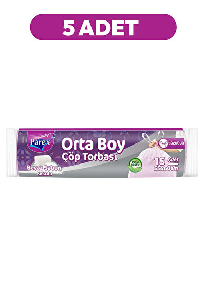 Parex Büzgülü 15'li Çöp Torbası Beyaz Sabun Kokulu Orta Boy 55 x 60 cm Beşli Paket