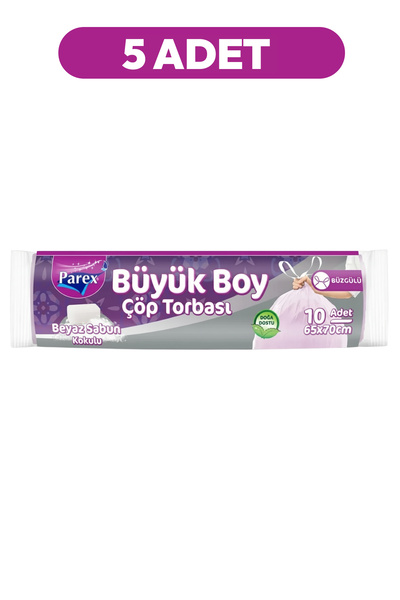 Parex Büzgülü 10'lu Çöp Torbası Beyaz Sabun Kokulu Büyük Boy 65 x 70 cm Beşli...