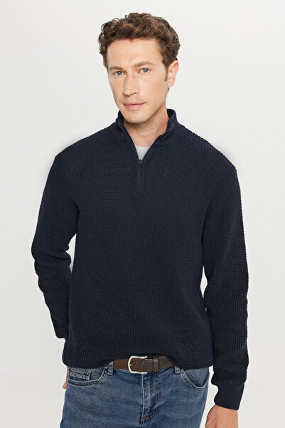AC&Co / Altınyıldız Classics Чоловічий синій светр з коміром-стійкою, застібкою-блискавкою, бавовняний, стандартний крій, прямий крій, жакардовий трикотаж