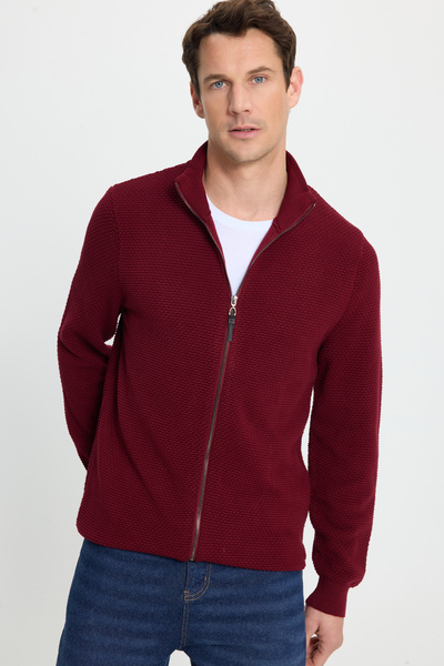 Tudors Men's Standard Fit Regular Cut Patterned Half Turtleneck Zippered Claret Red Cardigan