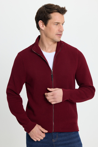 Tudors Men's Standard Fit Regular Cut Patterned Half Turtleneck Zippered Claret Red Cardigan