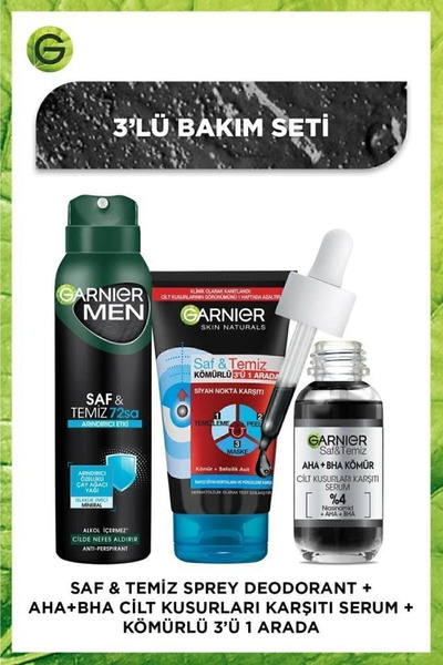 Garnier Aha Bha Cilt Kusurları Karşıtı Siyah Serum + Siyah Nokta Karşıtı 3'ü 1 Arada+ Saf&temiz Deodorant