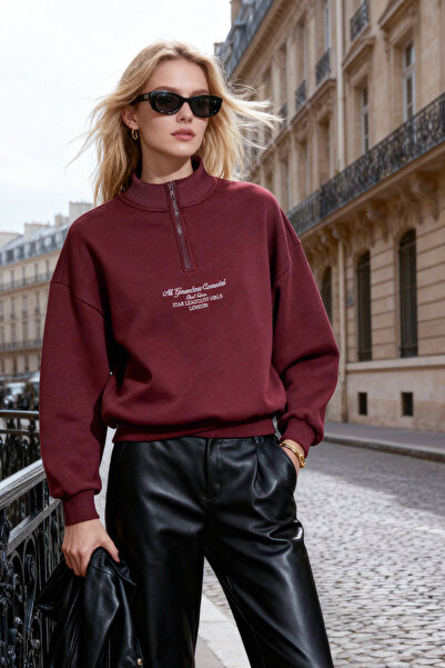Trendyol Collection Weinrotes, dickes Fleece-Sweatshirt mit Reißverschluss in...