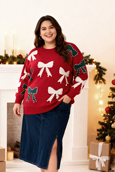 Trendyol Curve Red Ribbon/Bow Patterned Pearl New Year's Themed Knitwear Sweater Tbbaw26An00040