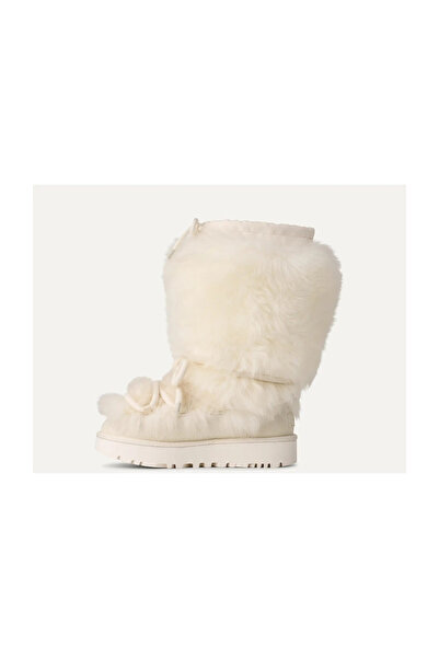 UGG Γυναικείες μπότες και μποτάκια με μακρύ γούνινο κορδόνι με επίπεδη σόλα 1171570-WHITE