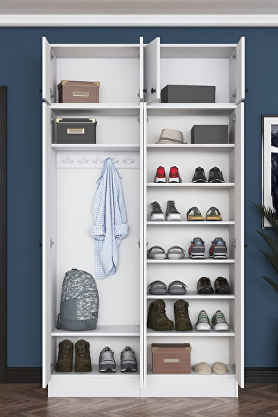 Rani Mobilya Rani EA146 Modern Portmanto 8 Kapaklı Raflı Askılı Ayakkabılık Vestiyer Beyaz