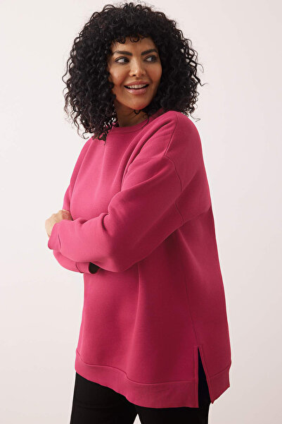 Trendyol Curve Fukszia vastag polár belső résszel, hasítékkal, túlméretezett/bő szabású kötött nagyméretű pulóver TBBAW24AO00003