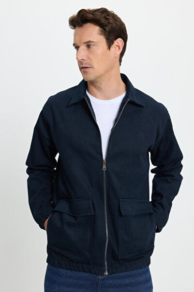 Tudors Men's relaxed fit comfortable cut double pocket flap zip-up elastic waist plain navy jacket coat shirt