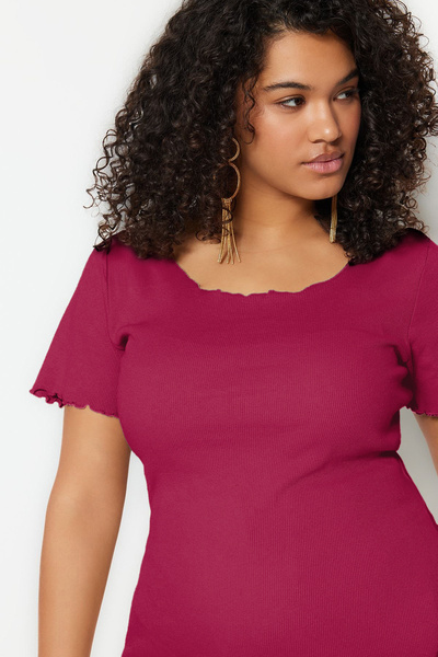 Trendyol Curve Plum Ribbed Pool Neck Knitted Plus Size Blouse Tbbss23Bf00010