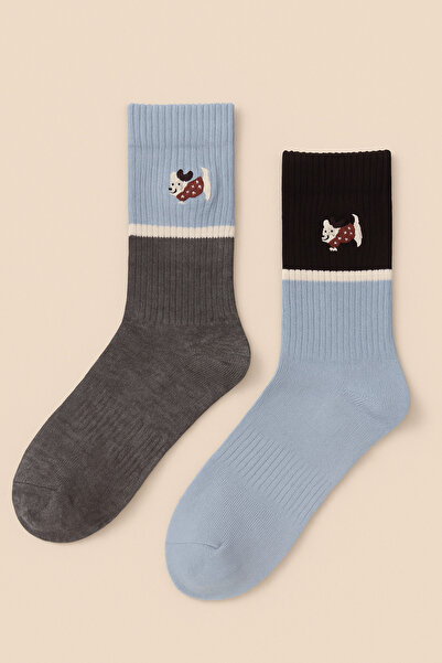 Katia&Bony Unisex 2-Pack Dog Embroidered Socks Blue Mix