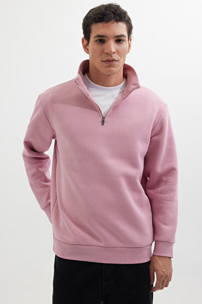 Tudors Φούτερ Unisex Relax Fit Άνετο Κομμένο Βαμβακερό Φλις με μισό φερμουάρ και όρθιο γιακά σε λιλά χρώμα