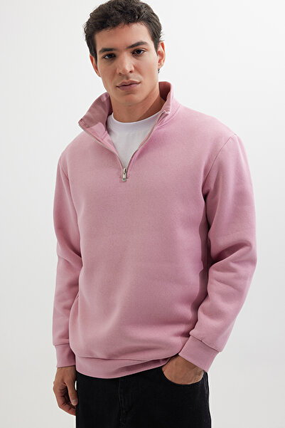 Tudors Φούτερ Unisex Relax Fit Άνετο Κομμένο Βαμβακερό Φλις με μισό φερμουάρ και όρθιο γιακά σε λιλά χρώμα