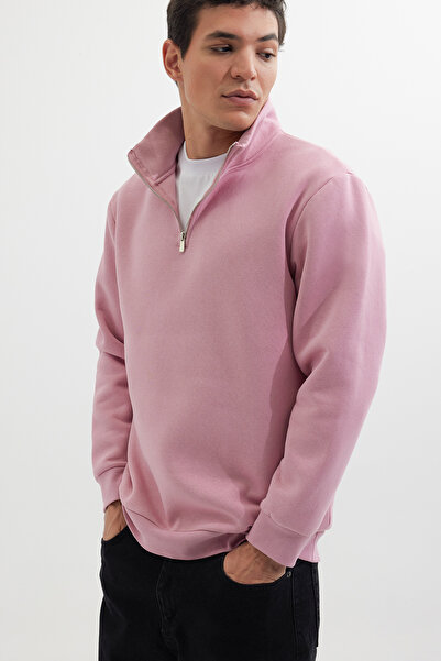 Tudors Φούτερ Unisex Relax Fit Άνετο Κομμένο Βαμβακερό Φλις με μισό φερμουάρ και όρθιο γιακά σε λιλά χρώμα