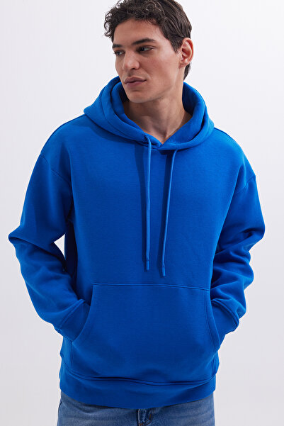 Tudors Unisex Oversize Geniş Kesim Pamuklu Yumuşak Dokulu Içi Polarlı Basic Sax Mavi Kapüşonlu Sweatshirt