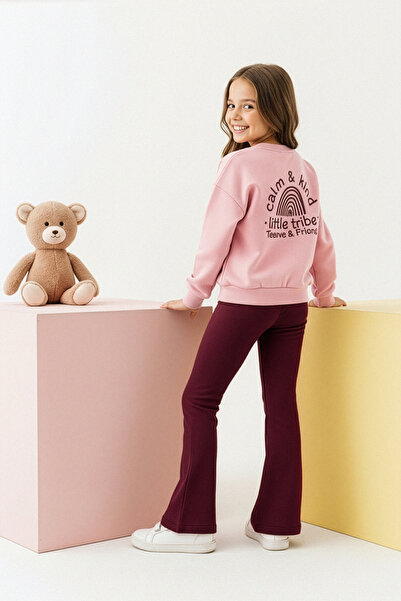 TRENDYOLKIDS Powder Cotton Plain Thick/Inside Fleece Oversize Girls' Knitted Bottom - Top Set Tkdaw26Au00020