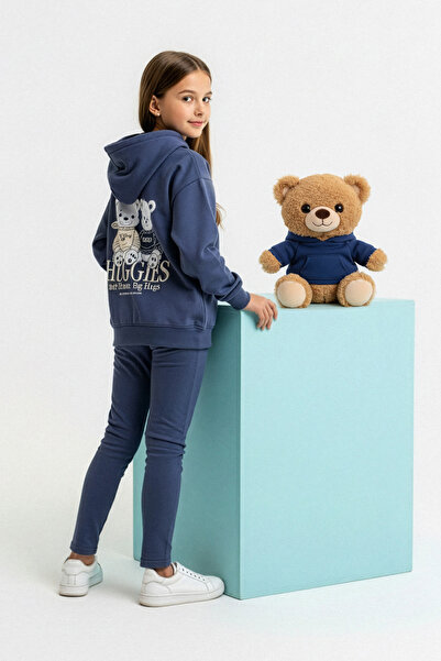 TRENDYOLKIDS Blue Printed Thick/Fleece Inside K Hooded O Oversized Girl's Knitted Bottom - Top Set Tkdaw26Au00042