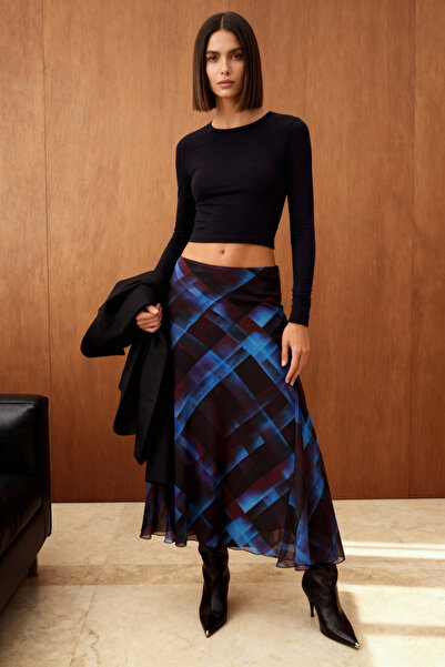 Trendyol Collection Multi-Colored Plaid/Checkered Chiffon Lined Low Waist Woven Maxi Skirt Twoaw26Et00139