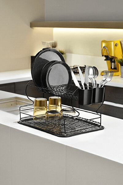 Sas Haus 2 Katlı Siyah Bulaşıklık, Termoplastik Kaplama, Tepsili, Tabak ve Ka...