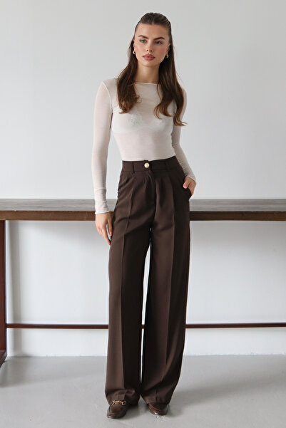 Trendyol Collection Σκούρο καφέ υψηλόμεσο παντελόνι με φαρδύ πόδι TWOAW26PL00161