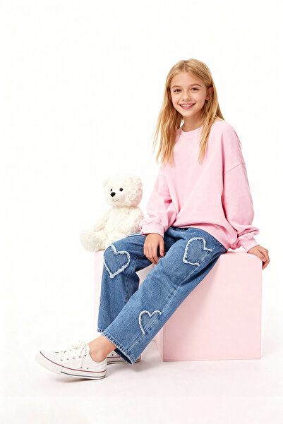 TRENDYOLKIDS Pantaloni albaștri pentru fetiță, cu picioare largi, cu model de stele, elastic, 100% bumbac, denim TKDAW25PL00001
