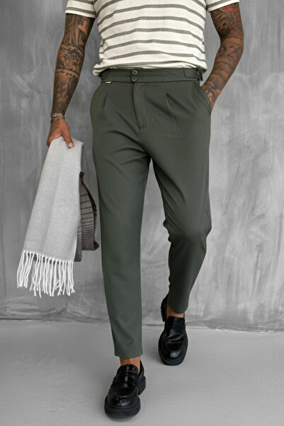 ablukaonline Men's Adjustable Buckle Pleated Fabric Trousers Khaki