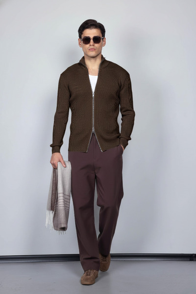 ablukaonline Ανδρική ζακέτα με φερμουάρ εφαρμοστό ψηλός λαιμός καφέ