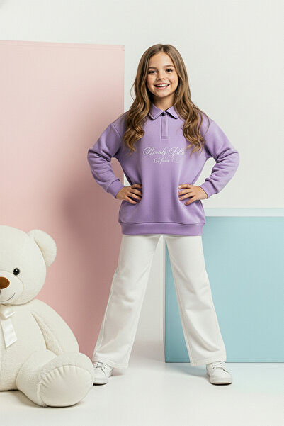 TRENDYOLKIDS Lila Oversize-Strick-Sweatshirt mit Blumenmuster und Kapuze für Mädchen TKDAW26SW00049