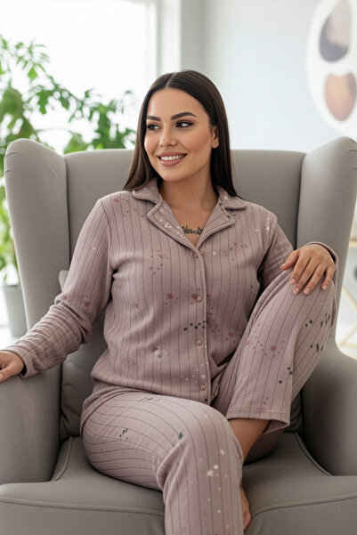 Pijamaevi Mor Gri Yıldızlı Kalp Desenli Önden Düğmeli Peluş Polar Pijama Takımı