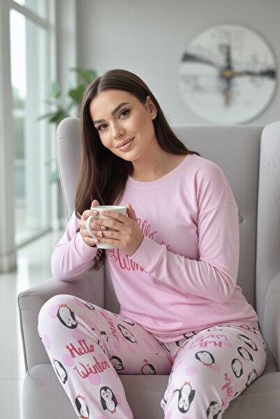 Pijamaevi Set de pijamale termice pentru femei cu model de iarnă Pink Penguin