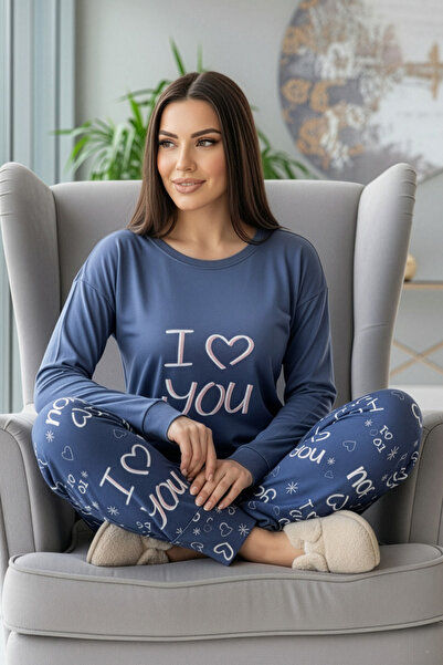 Pijamaevi Σετ γυναικεία θερμική πιτζάμα με σχέδιο Navy Blue Love You