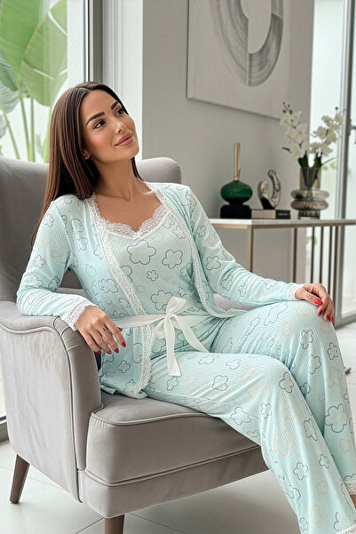 Pijamaevi Blue Line Floral Patterned Pegasus Pajama Set with Dressing Gown