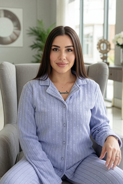 Pijamaevi Baby Blue Mini Dotted Patterned Front Buttoned Plush Fleece Pajama Set