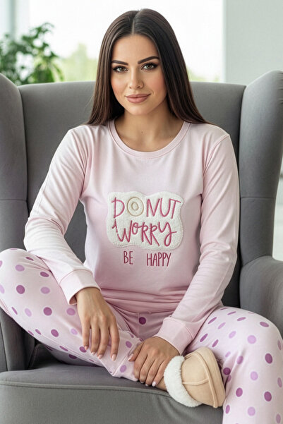 Pijamaevi Powder Pink Donut Worry Pattern Thermal Women's Pajamas Set