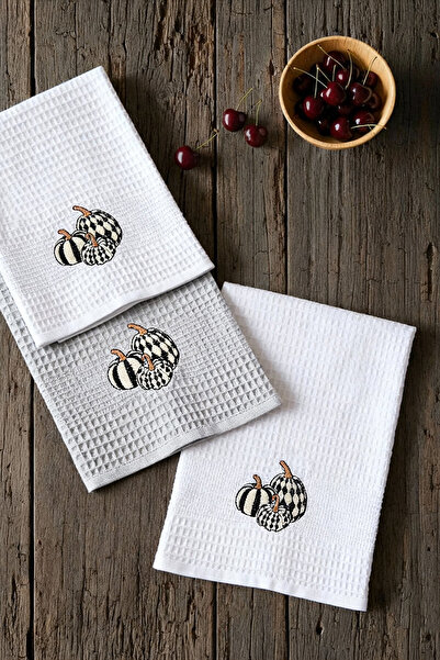TRENDYOLMİLLA HOME 3-teiliges Küchentuch/Abtropftuch mit Karomuster und Kürbis-Stickerei TPHAW26MH00002
