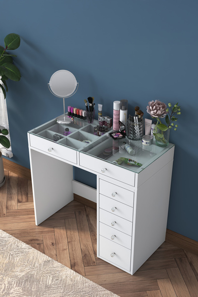 Rani Mobilya Rani Bj107 Makyaj Masası 7 Çekmeceli Cam Tablalı Takı Düzenleyic...