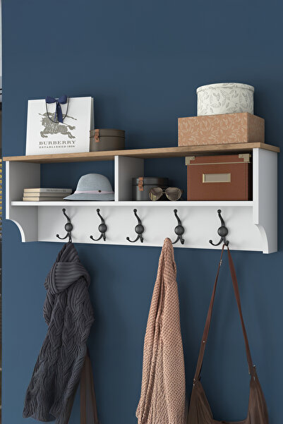 Rani Mobilya Rani P2 Modern Portmanto Duvar Askısı Beyaz - Sepet Ceviz Vestiyer 120 Cm