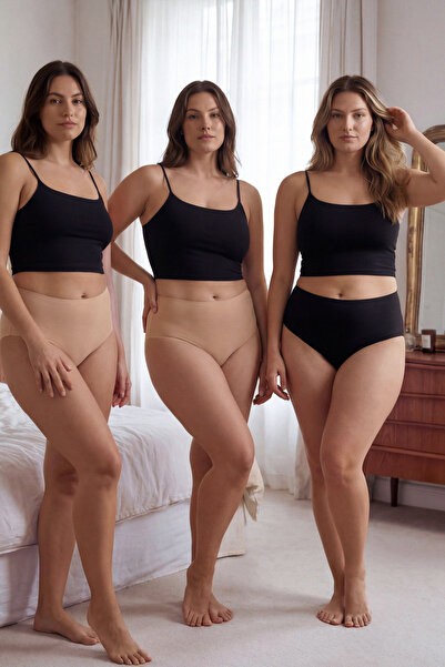Trendyol Curve Black-Tan 3-Pack Laser Cut Non-Marking Flexible Plus Size Panties Tbbaw26Cm00010