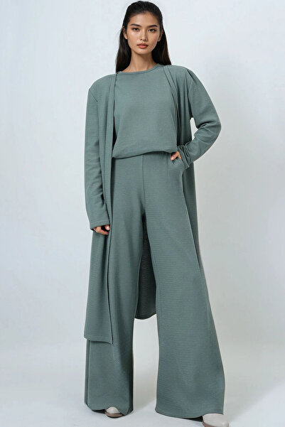 Trend Alaçatı Stili Women's Mint Green Crew Neck Shoulder Shoulder Pad Piece Textured Blouse, Pants and Cardigan 3-Piece Set Alc-X14703
