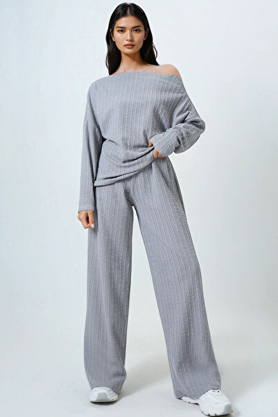 Trend Alaçatı Stili Women's Grey Wide Neck Relaxed Fit Blouse and Pants Bottom Top Set Alc-X14413