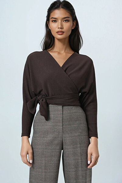 Trend Alaçatı Stili Women's Bitter Brown Front Back Double-Breasted Collar Tie Detail Ottoban Crop Blouse Alc-X14346