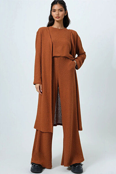 Trend Alaçatı Stili Women's Cinnamon Crew Neck Shoulder Shoulder Pad Piece Textured Blouse, Pants and Cardigan 3-Piece Set Alc-X14703